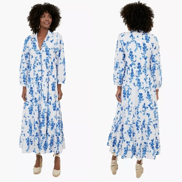 Ro’s Garden Dresses & Skirts - Ro’s Garden | Jinette Floral Cotton Tiered Maxi Shirtdress in Ines Blue Small